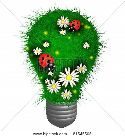 Lamp made of grass with flowers and ladybugs