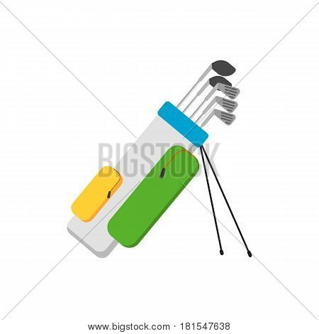 Golf clubs set in bag vector illustration isolated on white background. Sport equipment in flat design.