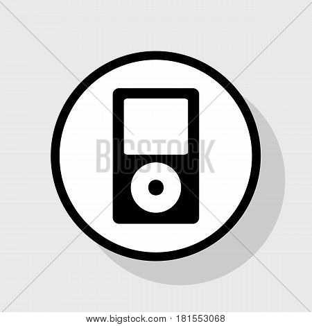 Portable music device. Vector. Flat black icon in white circle with shadow at gray background.