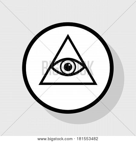All seeing eye pyramid symbol. Freemason and spiritual. Vector. Flat black icon in white circle with shadow at gray background.