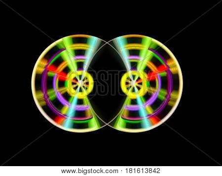 Two colorful turnable DJ discs computer generated abstract background 3D rendering
