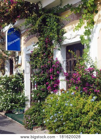 MONTEROSSO, ITALY-SEPTEMBER 28: A scenic building front with flowers is seen in  Monterosso Cinque Terre Italy Europe on September 28, 2016.