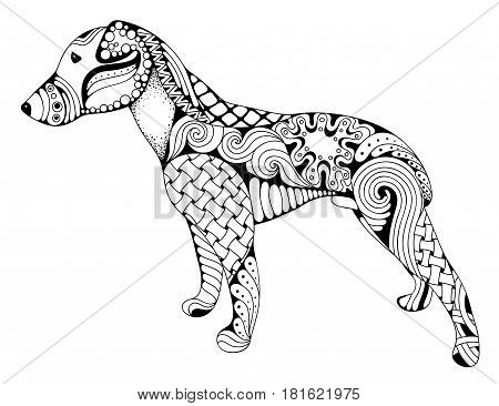 Zen art stylized cartoon dog isolated on white background. Hand drawn sketch for adult antistress coloring page T-shirt emblem logo or tattoo with doodle zen art design elements.
