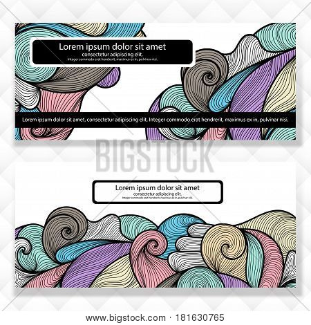 Collection of unusual card with vivid abstract background with swirls and waves design for posters invitations placard brochures flyers. Doodle style.
