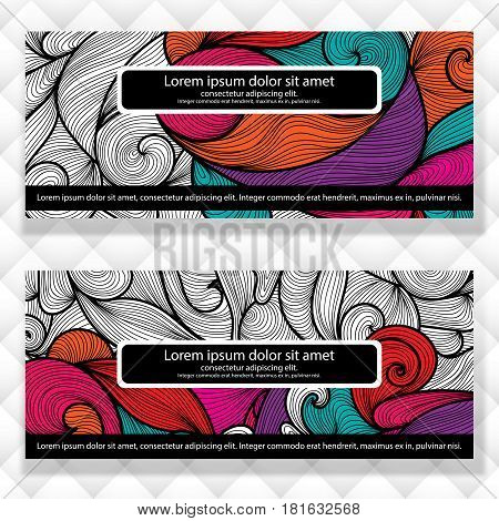 Collection of unusual card with vivid abstract background with swirls and waves design for posters invitations placard brochures flyers. Doodle style.