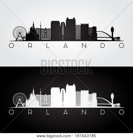 Orlando USA skyline and landmarks silhouette black and white design vector illustration.