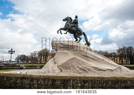April 13 2015 - St.Petersburg Russia Bronze Horseman St.Petersburg Russia The Bronze Horseman is an equestrian statue of Peter the Great in the Senate Square in Saint Petersburg Russia. Commissioned by Catherine the Great