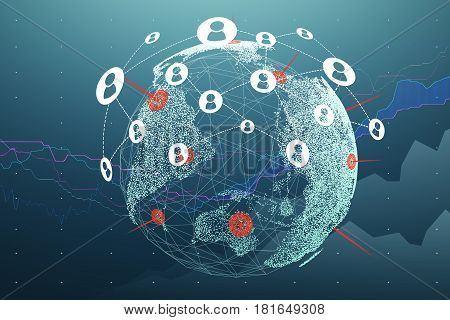 Planet Earth with two graphs in the background and a network sketch. Concept of globalization.