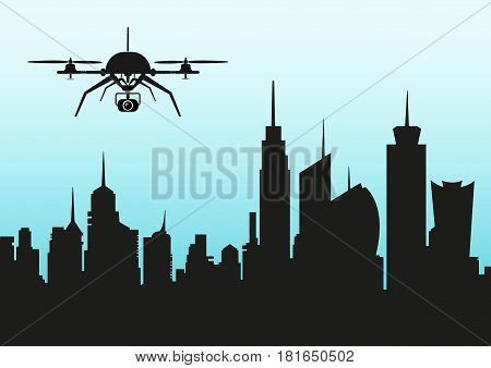 Drone with Skyline metropolis of the ideal city, the shape of the urban landscape