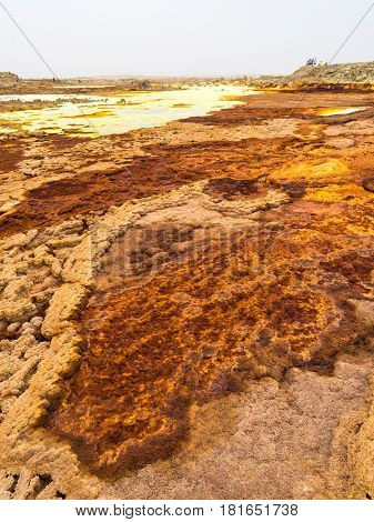 Sulphur lake Dallol in a volcanic explosion crater in the Danakil Depression northeast of the Erta Ale Range in Ethiopia. The lake with its sulphur springs is the hottest place on Earth.