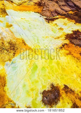 Mineral formations at sulphur lake Dallol in a volcanic crater in the Danakil Depression northeast of the Erta Ale Range in Ethiopia. The lake with its sulphur springs is the hottest place on Earth.