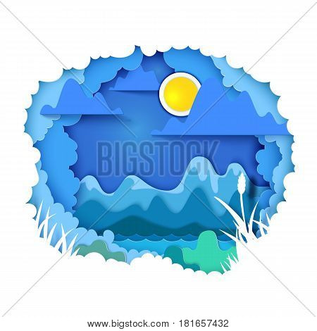 Vector illustration. Paper art and craft style. Cloudy sky appears through layers. Mountains, sun, river - landscape concept. Paper cut for the theme of travel, vacation, adventure. Tonnel book