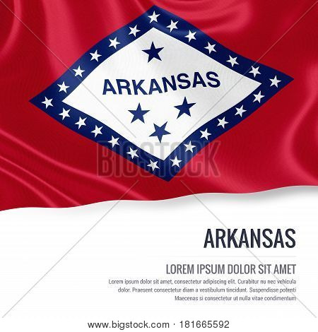 Flag of U.S. state Arkansas waving on an isolated white background. State name and the text area for your message.