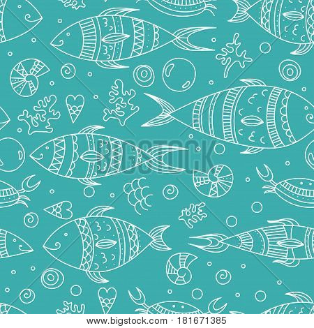 Seamless pattern with doodle sea elements. Vector illustration zen art fishes coral bubble and shells