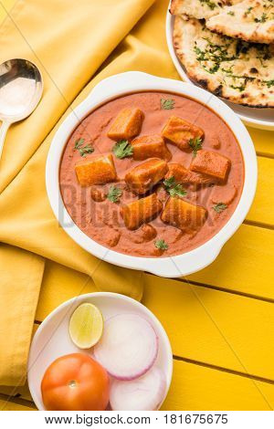 paneer butter masala or cheese cottage curry, popular indian lunch/dinner menu in weddings or parties, selective focus