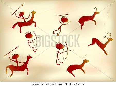 Stylized prehistoric painting depicting hunters and animals. EPS10 vector illustration