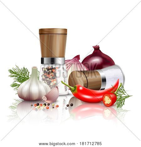 Colored and realistic spices vegetables composition with fresh vegetables and flavorings to dishes vector illustration