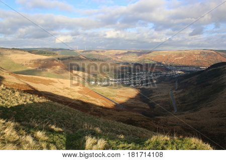 Hills and villages in a valley in Wales