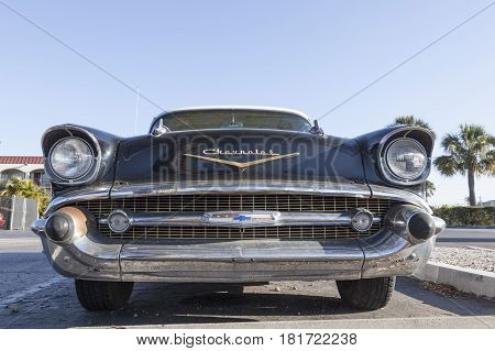 Naples Fl USA - March 18 2017: Frontal view of the 1957 Chevrolet Bel Air. Naples Florida United States