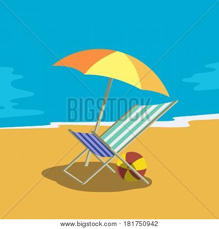 Summer outdoors concept. Freehand drawn cartoon retro style signs. Template for vacation invitation emblem. Season holiday leisure banner background. Vector picnic chair, sun umbrella and ball icon