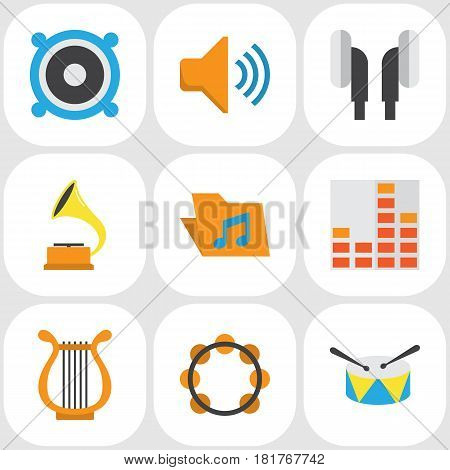 Multimedia Flat Icons Set. Collection Of Controlling, Audio, Loudspeaker And Other Elements. Also Includes Symbols Such As Shellac, Audio, Band.
