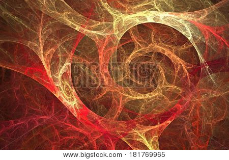 An abstract red computer generated modern fractal design on dark background.