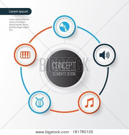 Multimedia Icons Set. Collection Of Sound, Music, Cd And Other Elements. Also Includes Symbols Such As Music, Sound, Harp.