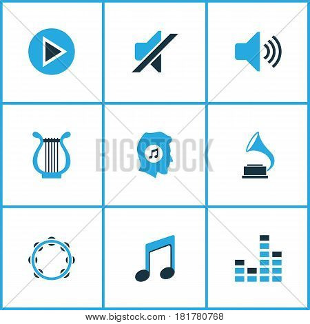 Audio Colored Icons Set. Collection Of Gramophone, Tambourine, Play And Other Elements. Also Includes Symbols Such As Meloman, Equalizer, Music.