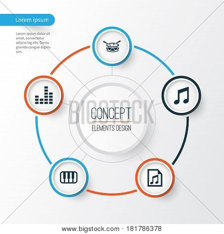 Music Icons Set. Collection Of Barrel, File, Equalizer And Other Elements. Also Includes Symbols Such As Keyboard, Octave, Music.