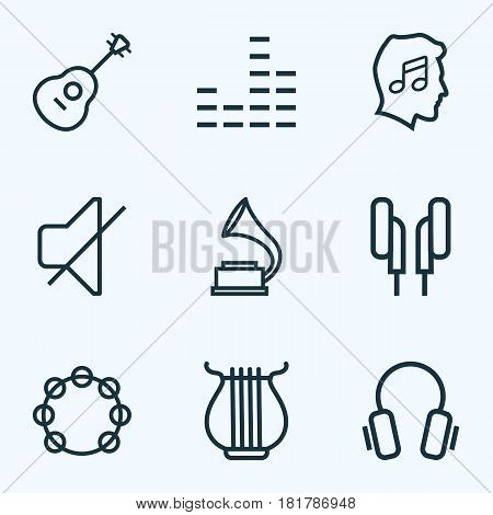 Audio Outlines Set. Collection Of Stringed, Timbrel, Headphones And Other Elements. Also Includes Symbols Such As Melody, Stringed, Sounds.