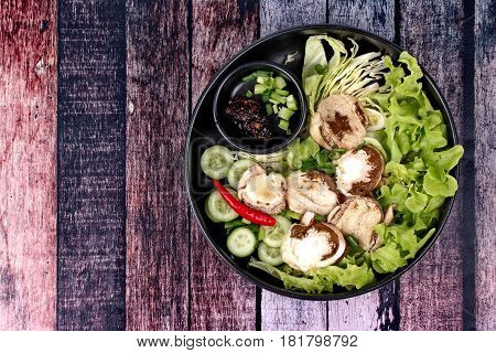 Boiled Fresh Bamboo Mushroom And Vegetable With Roasted Chili Dip.