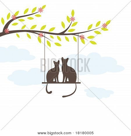 To sorte kat på swing og træ. Vektor Illuatration