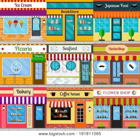 Set of different store fronts in flat style. Vector illustration of city public buildings square architecture. Collection of small business buildings facades design. Various food restaurants facades.