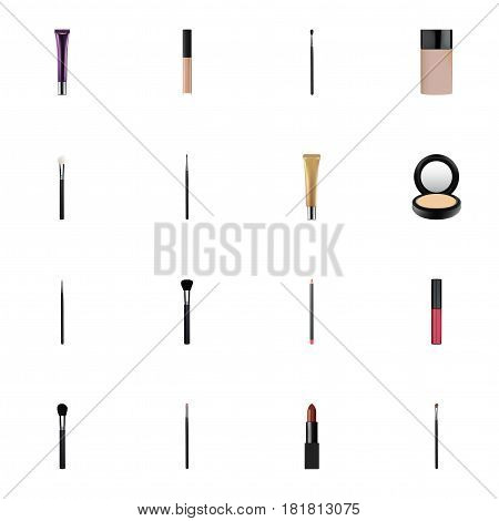 Realistic Collagen Tube, Beauty Accessory, Blusher And Other Vector Elements. Set Of Cosmetics Realistic Symbols Also Includes Cover, Concealer, Blending Objects.