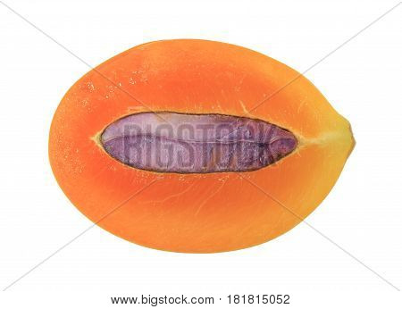 Close-up of Fresh ripe Marian Plum fruit cut in half with seed Isolated on White Background
