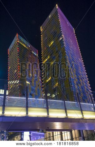 LAS VEGAS - NOV 24 : The tilted Veer Towers in Las Vegas on November 24 2016. Veer Towers are twin 37-story 480-foot residential towers located within CityCenter on the Las Vegas Strip