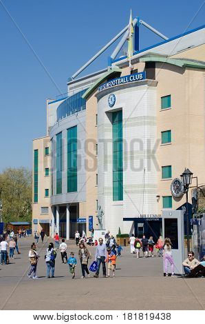 Chelsea London United Kingdom - 8 April 2017: Tourists outside of Chelsea football stadium on non matchday