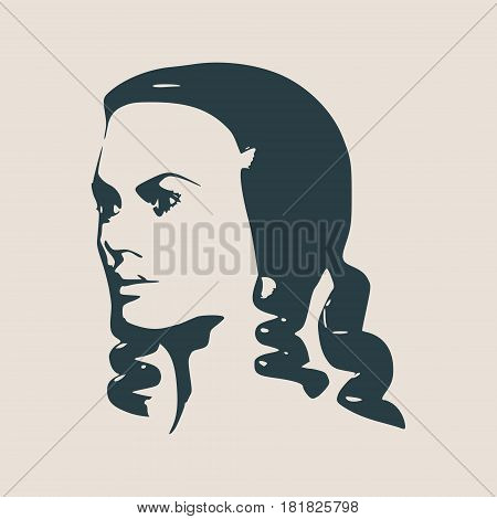 Face half turn view. Elegant silhouette of a female head. Vector Illustration. Long curly hair. Monochrome gamma.