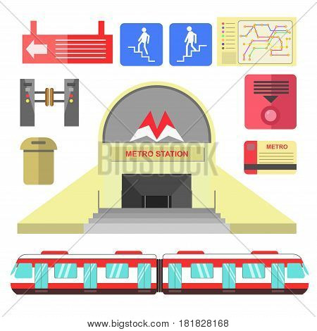 Metro station transport and signs poster on white. Underground building, symbols for passengers, route map, plastic card, special gate and other subway elements vector collection in flat design