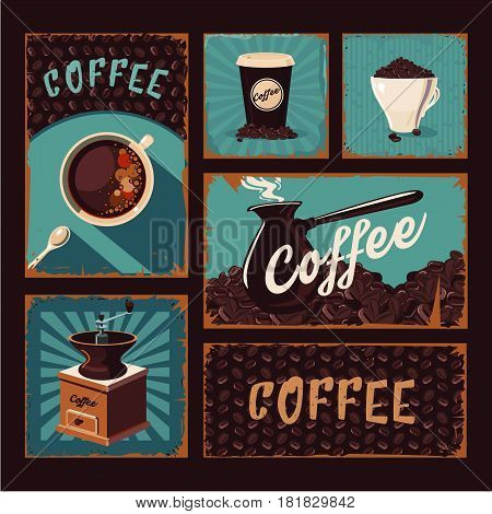 Coffee backgrounds vintage set. Retro posters collection with grunge texture.