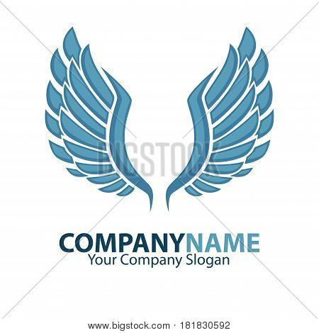 Company name emblem with blue bird wings isolated on white background. Vector illustration of business card and partnership slogan. Symbol of flight, speed moving in the air, quickly delivery service.
