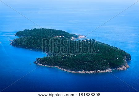 Aerial view from Srd mountain at Island Lokrum in front of town Dubrovnik, Croatia.