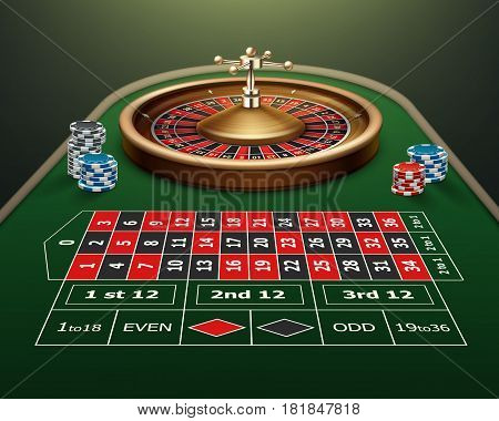 Vector realistic casino roulette table, wheel and black, red, blue chips isolated on green background