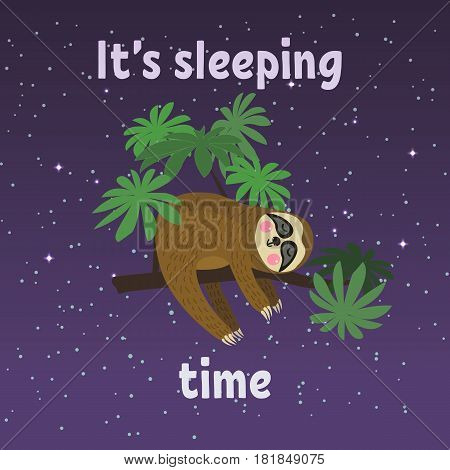 Sleeping sloth on tree branch . Cute cartoon character. Wild jungle animal collection. Baby education. Isolated. Flat design Vector illustration