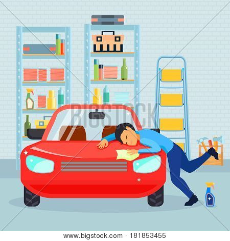 Colored flat male love his car composition with man washes his car in the garage vector illustration