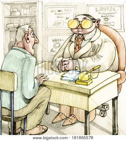 a patient amazed at the desk of a famous doctor the doctor has two gold coins instead of spectacles