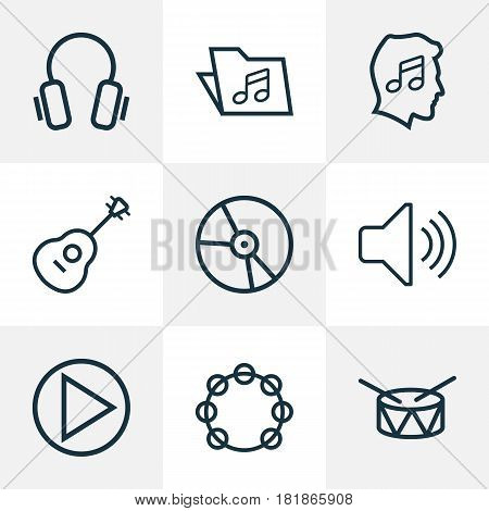 Audio Outlines Set. Collection Of Barrel, Template, Timbrel And Other Elements. Also Includes Symbols Such As Device, Earphones, Plastic.