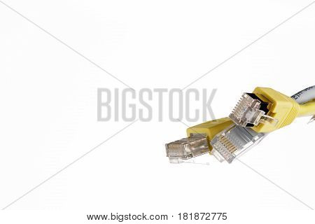 Network patchcord cables with RJ45 connector on white background