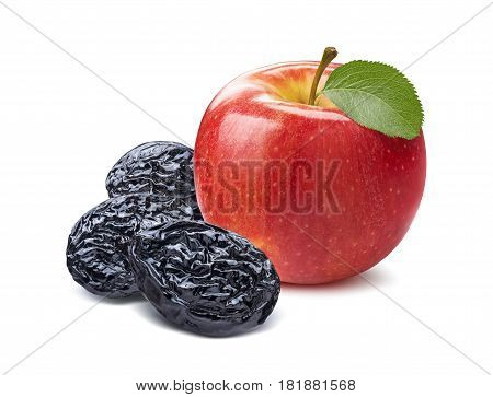 Whole red apple and dry plums isolated on white background as package design element