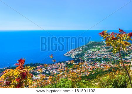 Marble landscape at coastal town Dubrovnik and Adriatic Sea, aerial view from mountain Srd in Croatia, Europe.